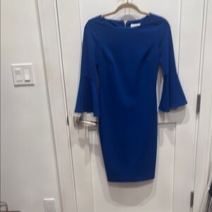 Calvin Klein Blue Sheath Dress with Bell Sleeves